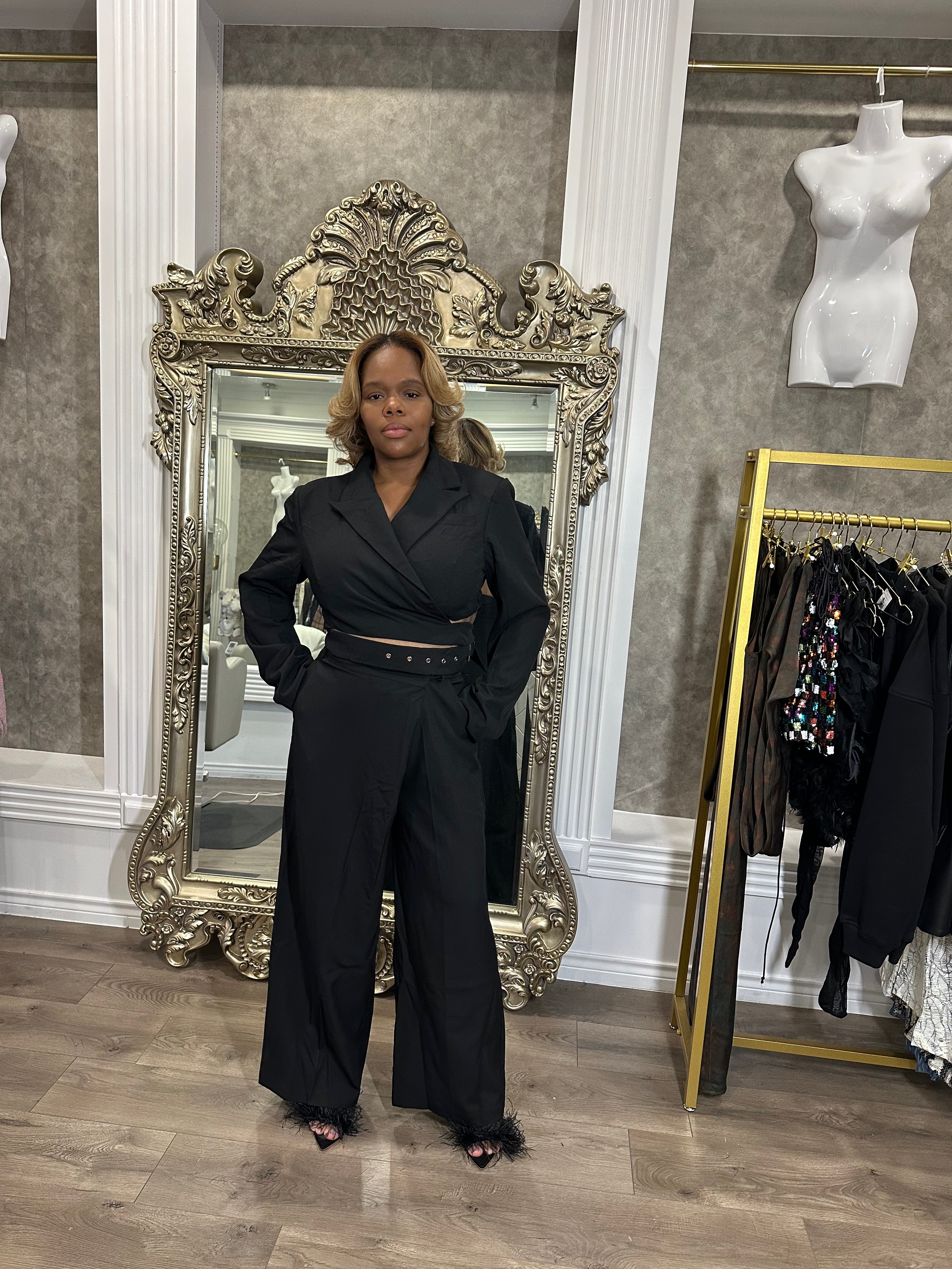 Black Wide Leg Wrap Trousers with Asymmetrical Detail | Wild Bloom